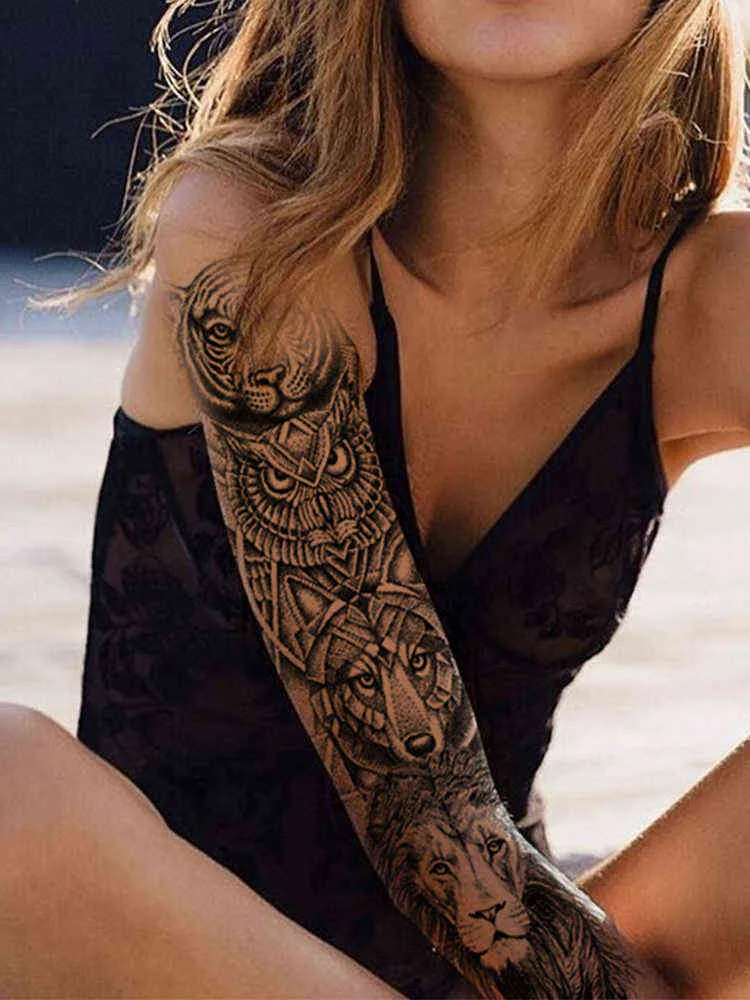 NXY Temporary Tattoo Large Arm Sleeve Tiger Skull Owl Waterproof Tatto Sticker Fox Lion Body Art Full Fake Tatoo Women Men 0330