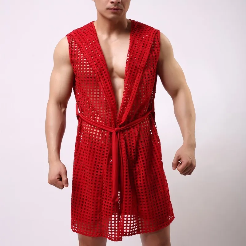 Męskie szlafroki Kimono Szlafrok Sleepwear Zobacz przez seksowną szlafrok Gown z kapturem Pijama Homme Badjas Dressing 220426