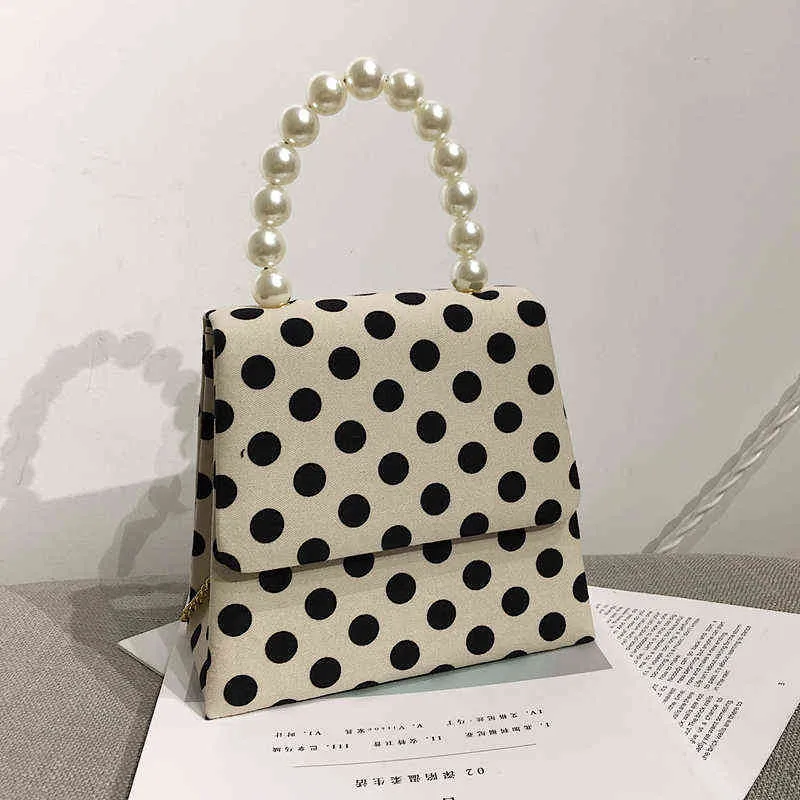 Kvällsväska Ny elegant Pearl Tote Simple Small Square Polka Dot High Street mångsidig handväska Designer Kvalitet Handväskor 220630