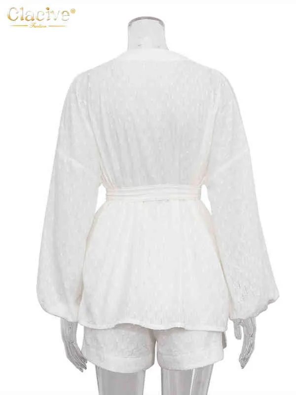 CLACIVE Fashion Long Sleeve Robes Top Two Piece Set Womens Outifits Autumn Casual White Home Suit Elegant Shorts Women's Set T220729