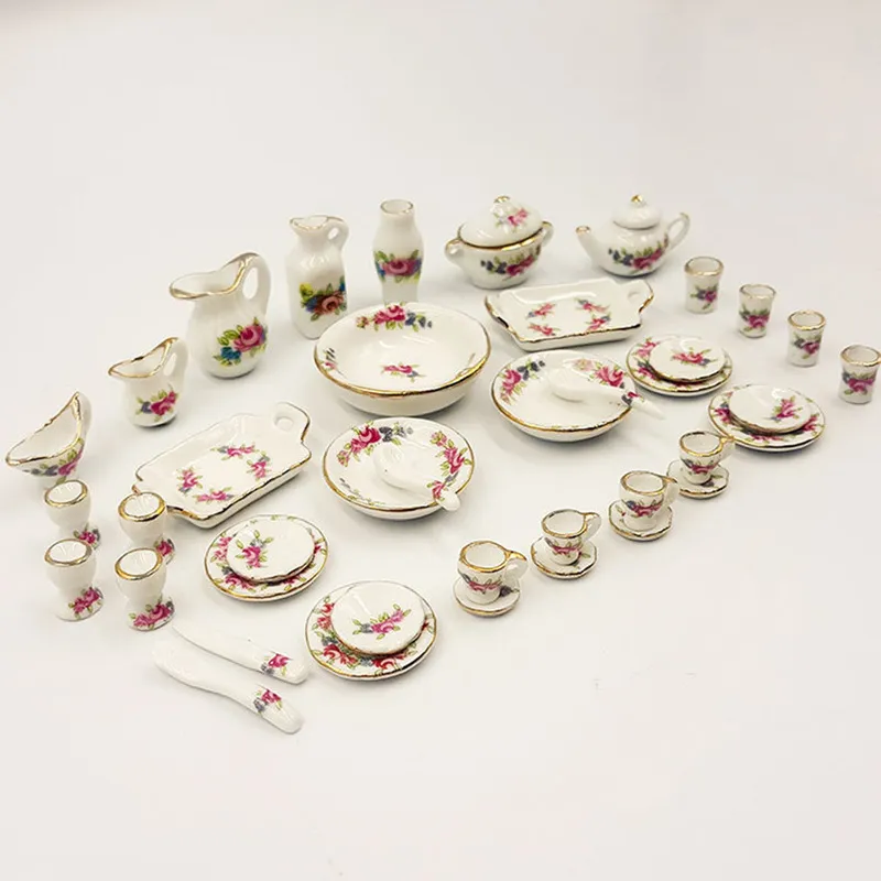Miniature maison de poupée rose fleur Patten porcelaine café tasses à thé vaisselle en céramique maison de poupée accessoires de cuisine 220725