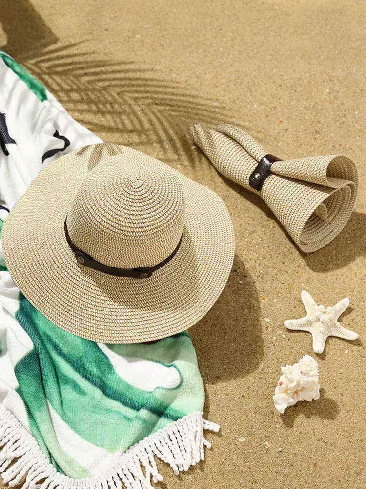 새로운 태양 보호 롤업 밀짚 모자 소프트 모양의 밀짚 모자 여름 여름 여성 넓은 뇌하수선 캡 UV 보호 페도라 모자 G2204183741370