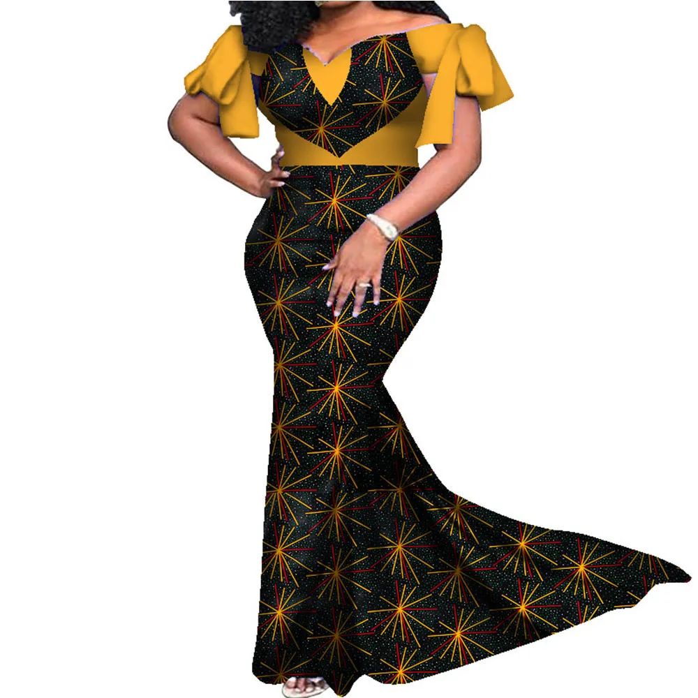 BINTAREALWAXアフリカの女性の結婚式の服ハートシェイプスラッシュネックドレスファッションレディエレガントなワックスプリントコットンドレスWY7965