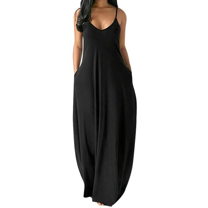 Yaz kadınları artı beden dresse kadın s seksi v boyun kolu spagetti kayış sundress bayanlar düz renkli uzun elbise s 5xl 220613