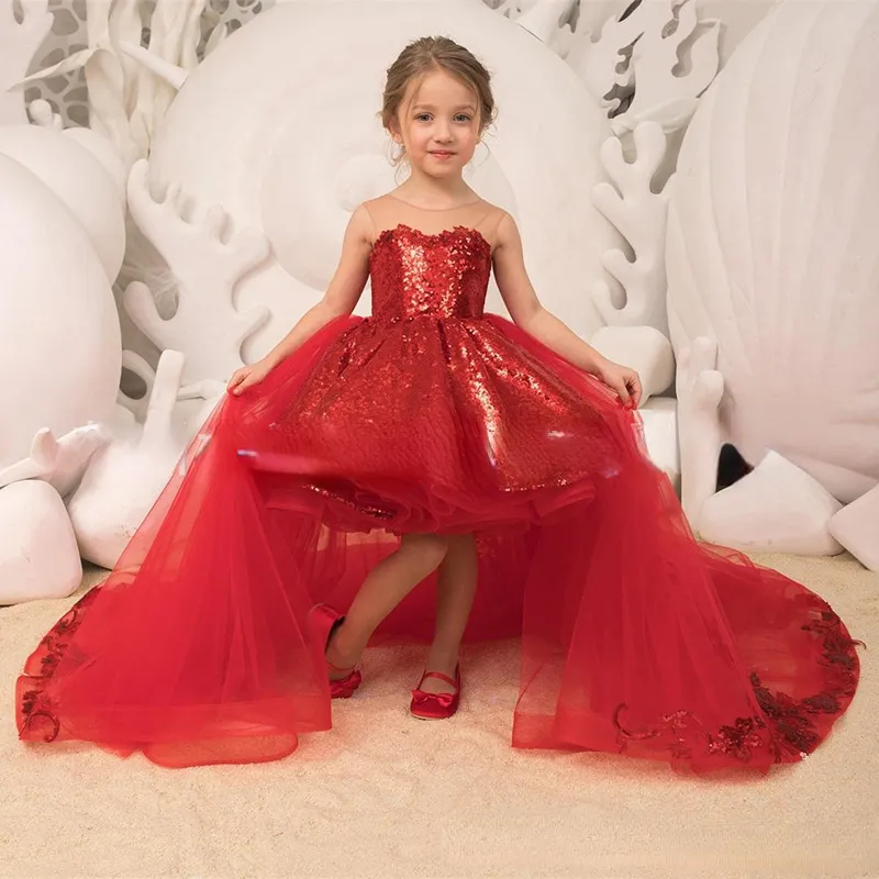 Puffy Flower Girls Dresses 3D Flower sequined Long train Kids toddler Teens Pageant Gowns Birthday Party Dress For Wedding Cooktail Gown