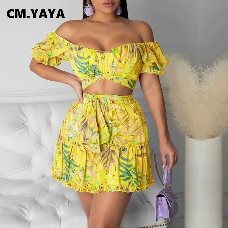 CMYAYA FORAL PRAIA BEAÇÃO BOHEMIAN MINI SAIRS PLEAS ATRIPUTADAS COM CROP TOPS COMPRECIMENTO DE TOPO DOIS PARTES DE 2 peças Ativo Sorto 220527