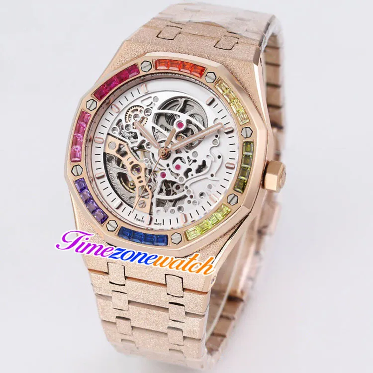 K8F 41 mm czarny szkielet turbillon tarcza automatyczna męska zegarek Rose Gold Frost Gold Case Frosted Steel Bransoleta Rainbow Diamond Watc237g