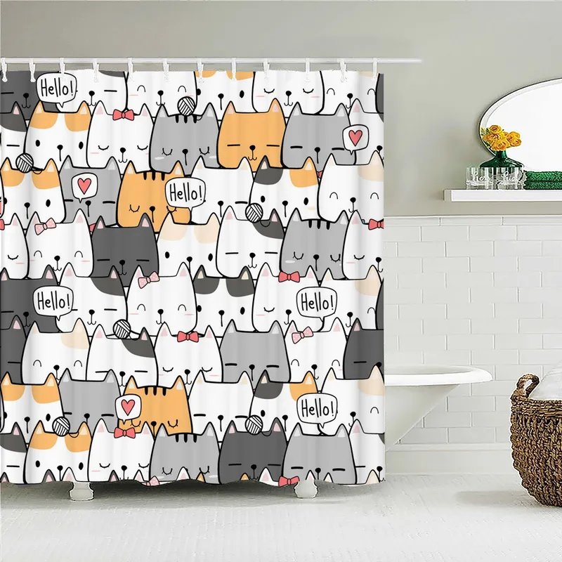 Waterproof Polyester Fabric Shower Curtain with Hooks Cartoon Cute Cat Dog Bath Child Home Decor Boy Bathroom s 220429