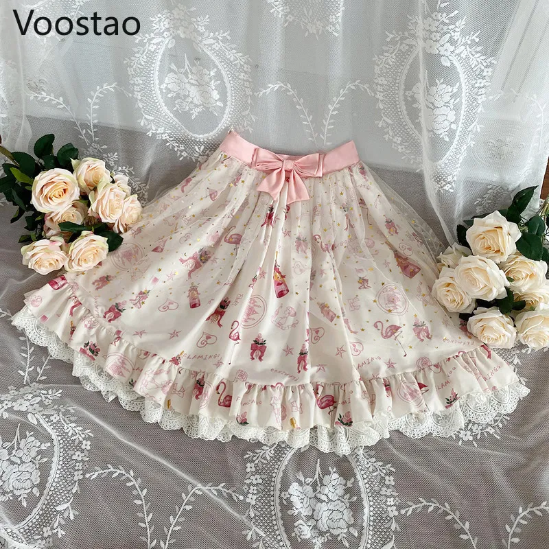 Dulce estilo Lolita princesa Mini faldas chicas japonesas encaje volantes arco negro JK falda mujeres gótico Floral estampado fiesta faldas 220523