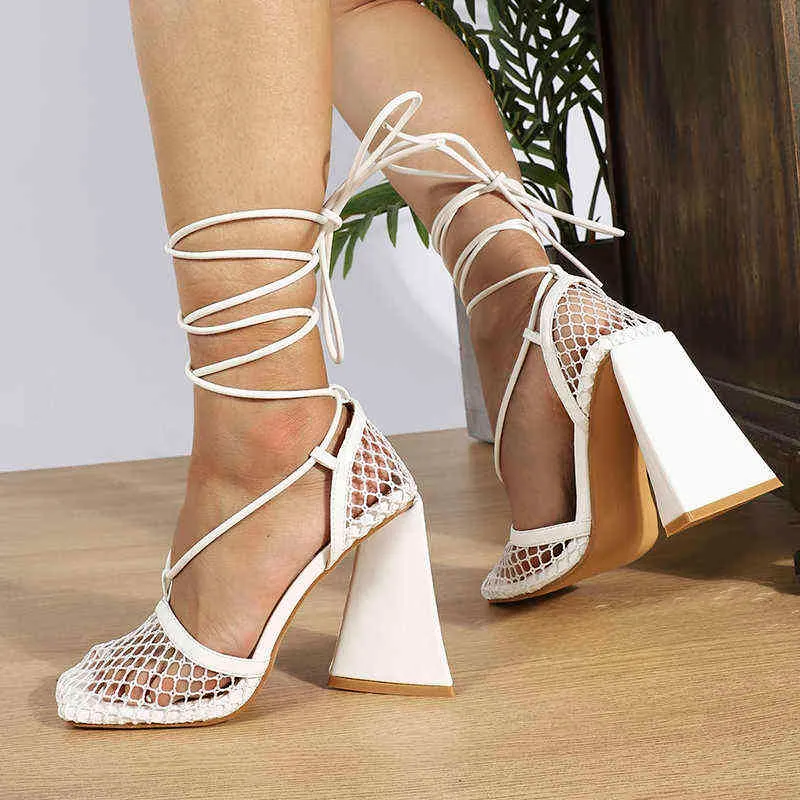Sandals Pzilae 2022 New Sexy Green Mesh Pumps Female Square Toe e High Heel Lace Up Crosstied Hollow Dress Shoes 220704