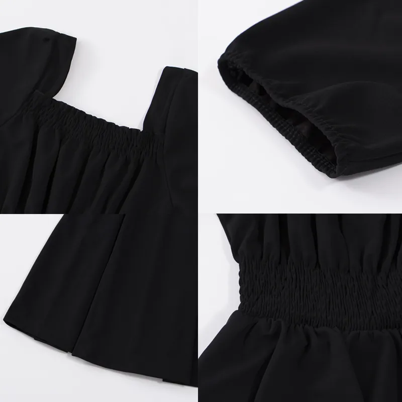 HOUZHOU noir Vintage Robe mi-longue femmes élégantes robes col carré manches bouffantes surdimensionné lâche décontracté Robe d'été femme Robe 220613