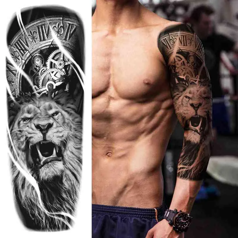 NXY tatouage temporaire bras complet roi Lion s pour hommes femmes adulte fausse horloge crâne fleur autocollant manches noires Tatoos Kits ensemble 0330