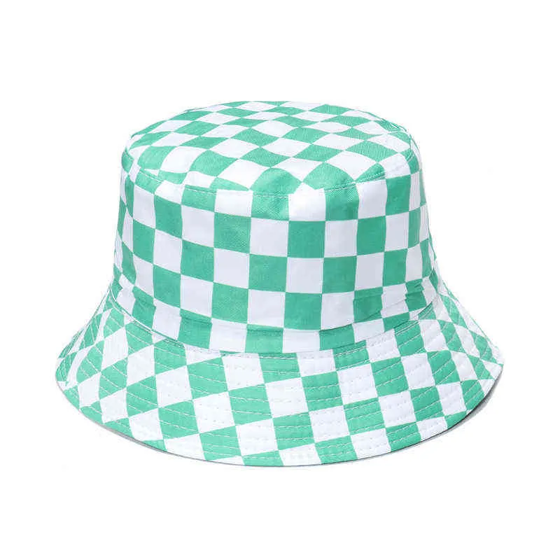 Fashion Women Spring Summer Cotton Bucket Hats Female Lady Plaid Outdoor Panama Fisherman Cap Hat For Women DropShipping G220418