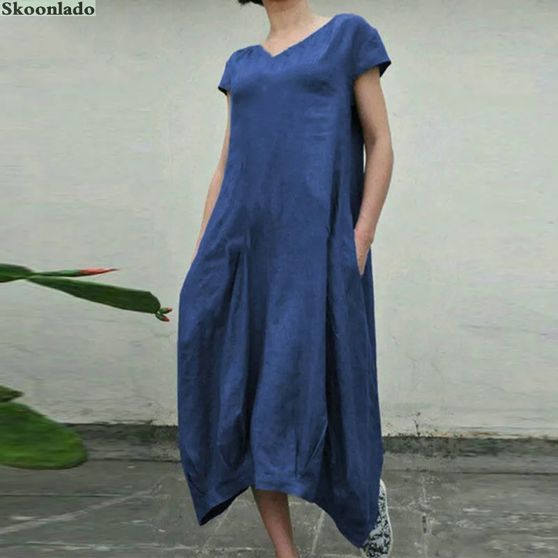 Plus Size 5XL Damen-Kleid aus Baumwollleinen mit V-Ausschnitt, kurzen Ärmeln, Taschen, abgeschrägten Kanten, eleganter und temperamentvoller, lässiger langer Rock