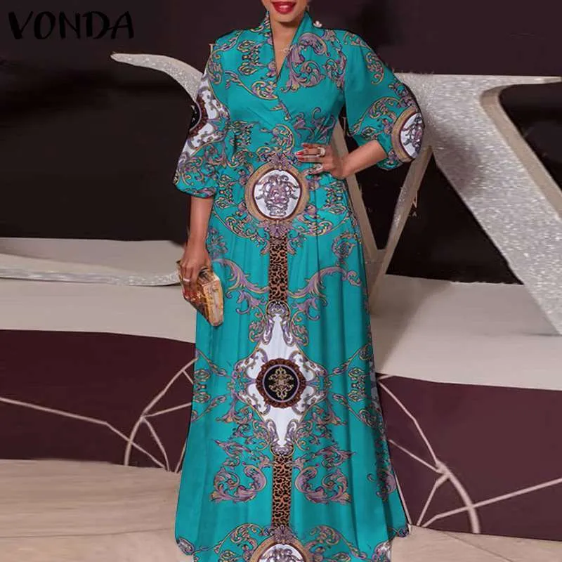 VONDA Vrouwen Lange Jurk Sexy 3/4 Mouw Vintage Gedrukt Geplooide Jurk Bohemian Vestidos Party Gewaad Vrouw Kleding Zonnejurk 220409