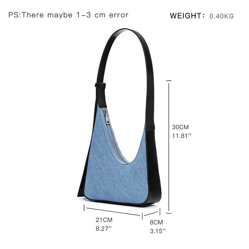 Mabula Half Moon Fashion Women Underarm axelväskor denim Blue Elegant Tote Handväskor Lady Daily Phone Purse Work Bag 220815