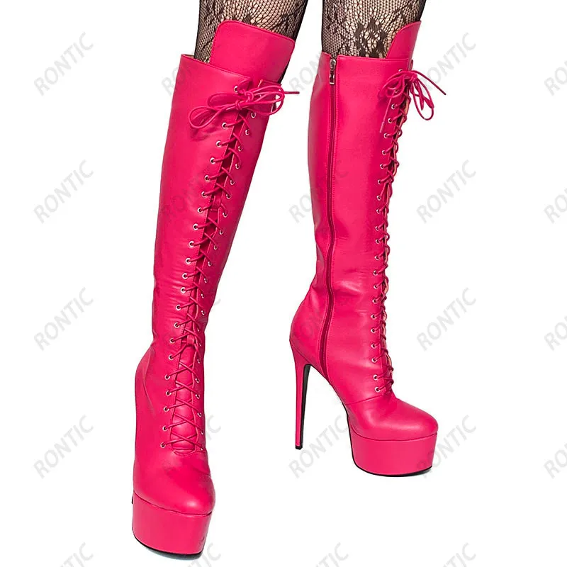 Rontic femmes hiver plate-forme genou bottes à lacets Faux cuir Sexy talons aiguilles bout rond jolies chaussures de fête rouges taille américaine 5-20