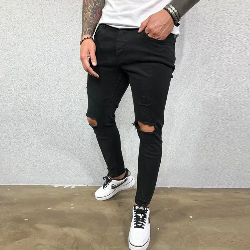 Men jeans knähål rippade stretch mager denim byxor fast färg svart blå höst sommar hip-hop stil smal passform byxor s-4xl 220606