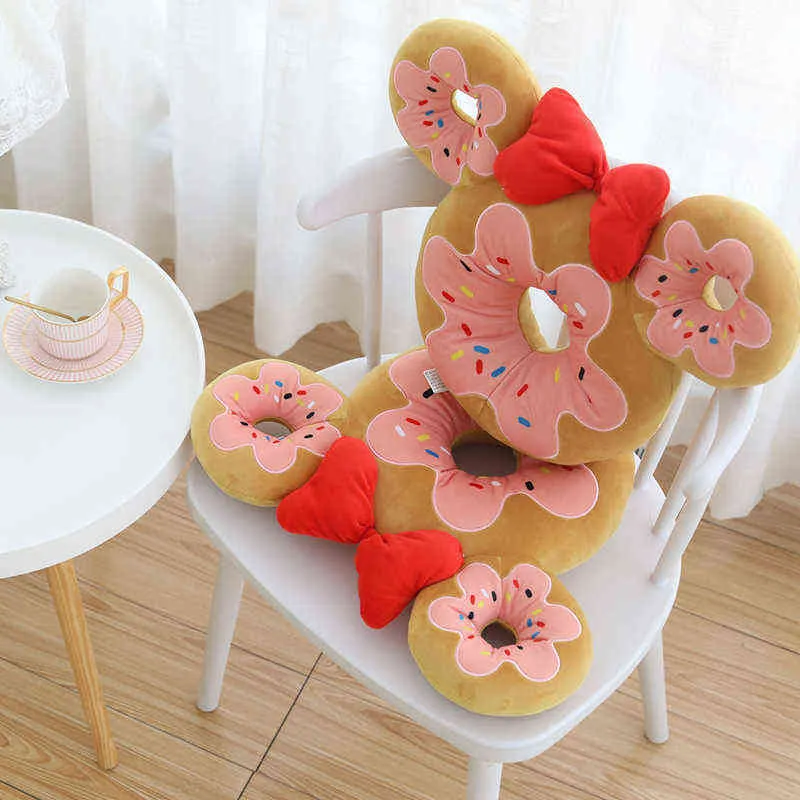 Red Bow Mouse Head Donut stoel kussen gevulde vierkante andround vorm koekjes stoel zacht voedsel taille voor haar decor J220704