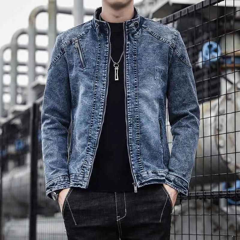 Demin Jacket Män Höst Vinter Vintage Jeans Coat Casual Stand Collar Fleece Ytterkläder Slim Fit Blue Black Long Sleeve Jackor