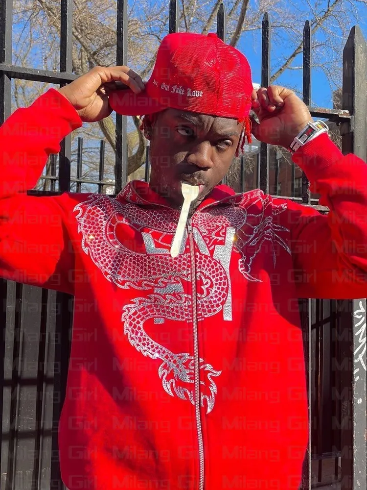 Sweats à capuche pour hommes Sweat à capuche zippé imprimé dragon Rouge Goth Sweat-shirt Sport Manteau Hip hop Manches longues Sweat à capuche Y2k Veste 220725