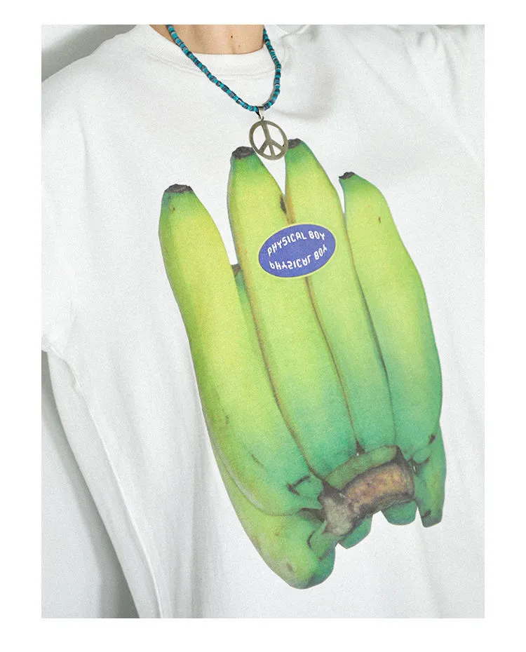 Camiseta de manga corta 100% algodón plátano verde diversión grande estampado de plátano banana tops blancos sueltos y tops redondos redondear manga corta suelta