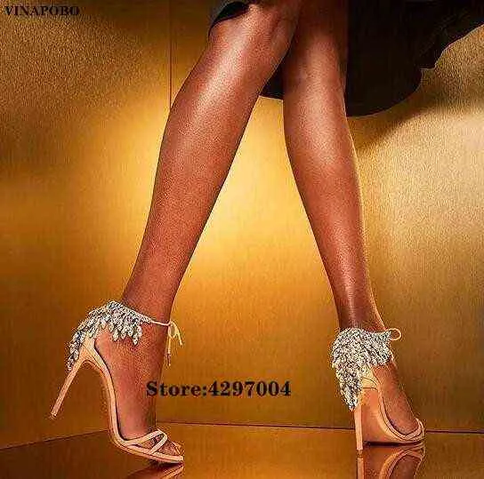 Vinapobo Nouveau Design Cristal Strass Fringe Femmes Sandales Mode Vert Motif En Cuir À Bout Ouvert Talons Aiguilles Dames Shoes220513