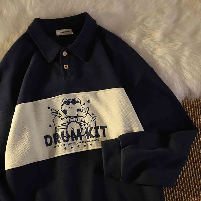 Japanse schattige beer polo shirt vrouwen lente en herfst nieuwe college stijl losse casual sweatshirt ins trends harajuku splicing