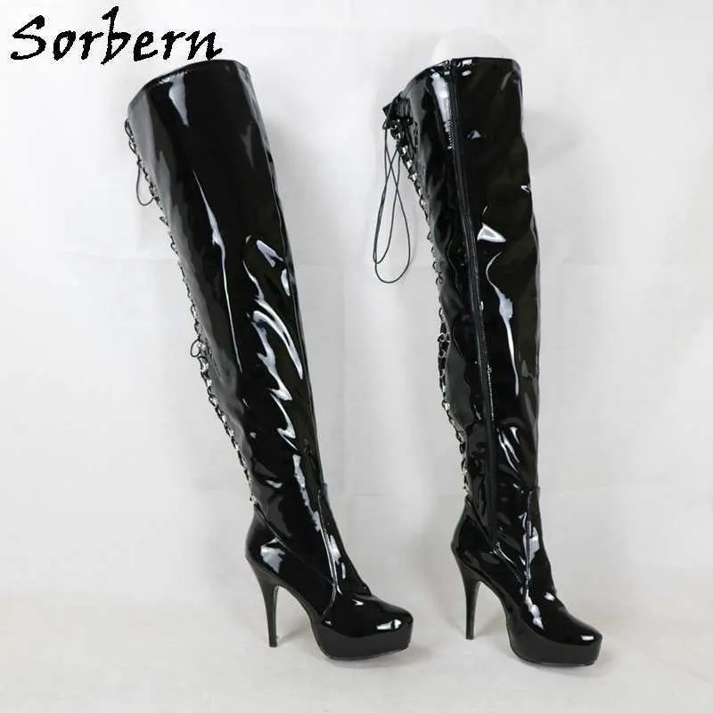 Sorbern Lace Up Back Boots Women Fetish High Heels 15Cm Crotch Thigh Boot Platform Gay Dance Boots Custom Wide Or Slim Fit Legs