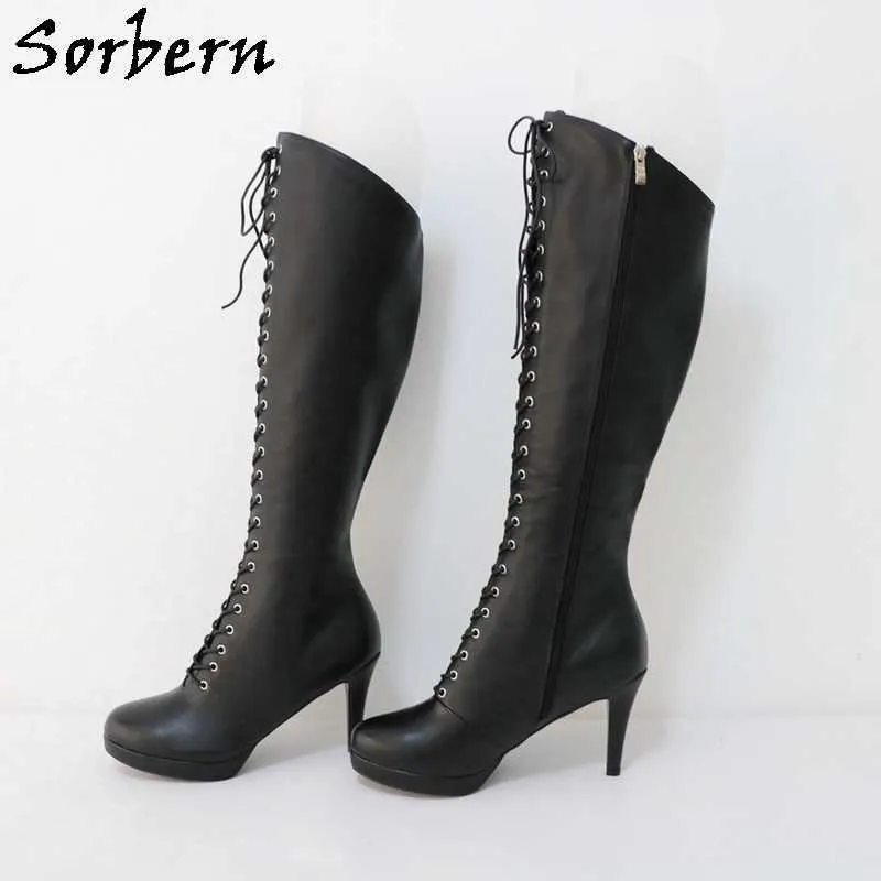 Sorbern Stivali alti al ginocchio opachi Donna Tacchi a spillo Tacchi alti Stivali stringati crespi Sissy Crossdresser Stivale da ballo Custom Wide Slim Fit