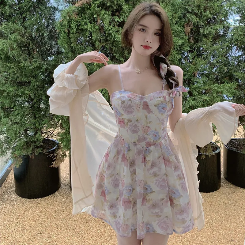 Summer Fairy Dress Floral Women A-Line High talia Thin Sexy Mini Beach Dress Femme Strap Suknia Sundress 220520