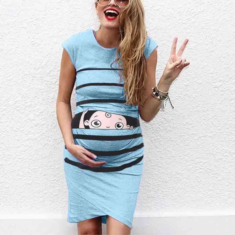 Mothership Summer Funny Dress مخطط طباعة بلا أكمام الملابس الحوامل Grossesse J220628