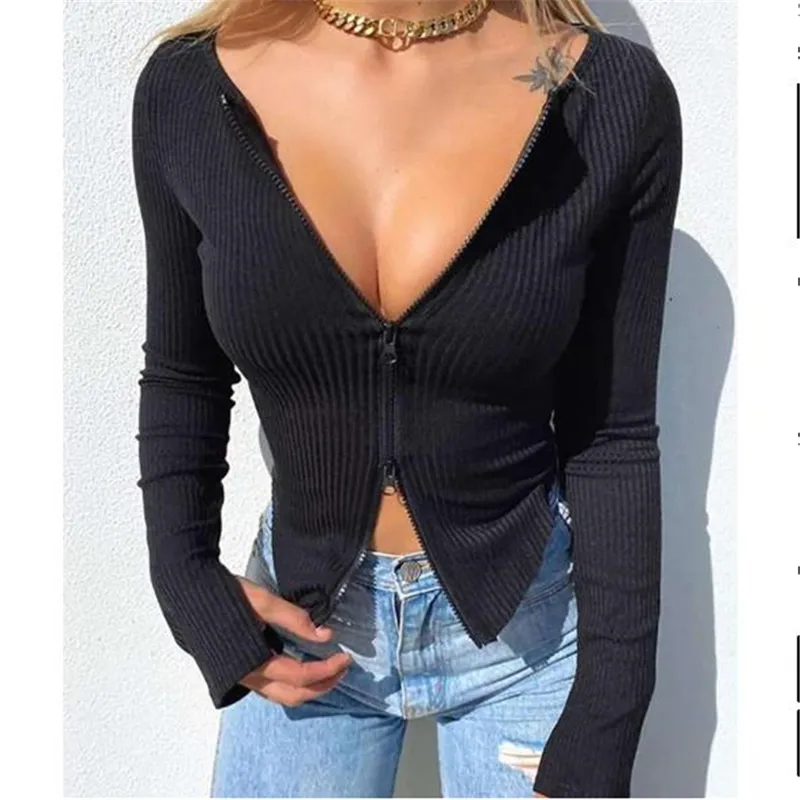 Women Tshirt Spring Autumn Clothes Ribbed Knitted Long Sleeve Crop Zipper Design Tee Sexy Female Slim Black White Tops 220810