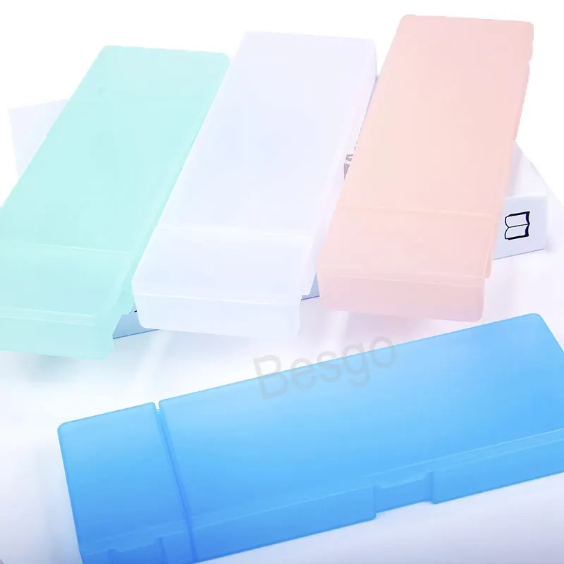 Solid Color Plastic Pen Box Double Grid Student Pencil Case Scrub Translucent Rectangle Pen Boxes School Stationery Supplies BH7034 TYJ