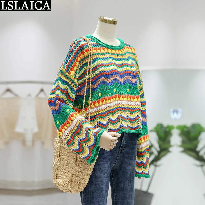 Sweater Women Long Sleeve Colorful Stripes Stitching O Neck Casual Sweaters For Knit Fashion Autumn Winter Loose 220810