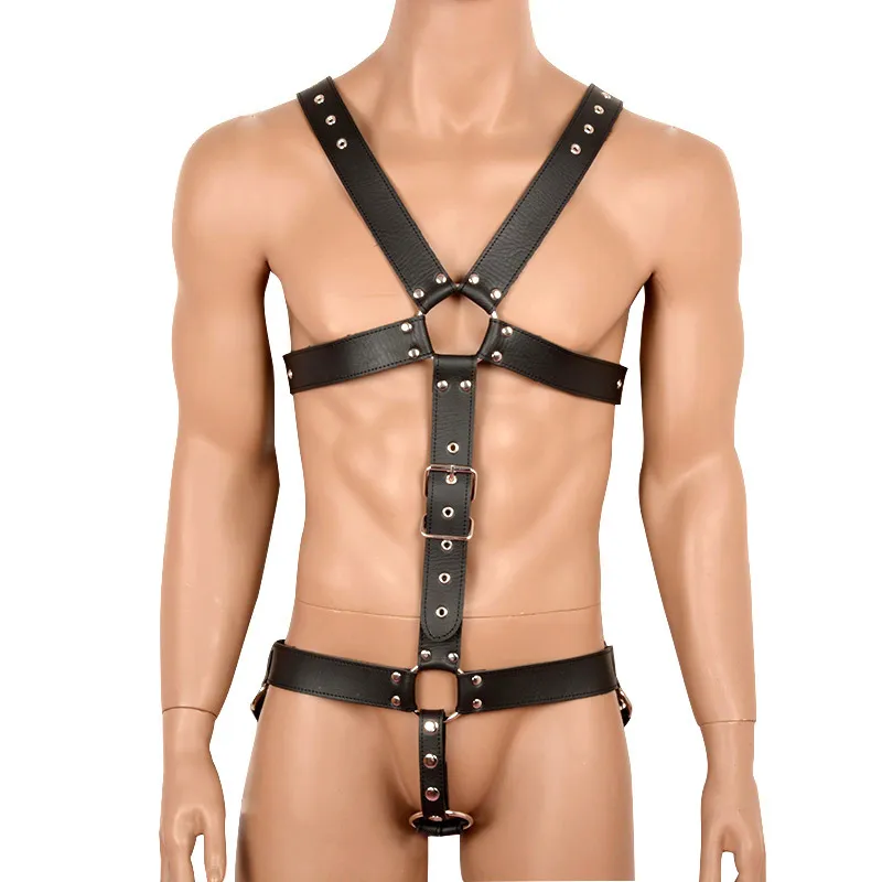 Sexyy Pu Leather Men Men Bondage with Cock Ring Fense Tear Wear Hale Body Body Bold Products Erotic Sexy Products