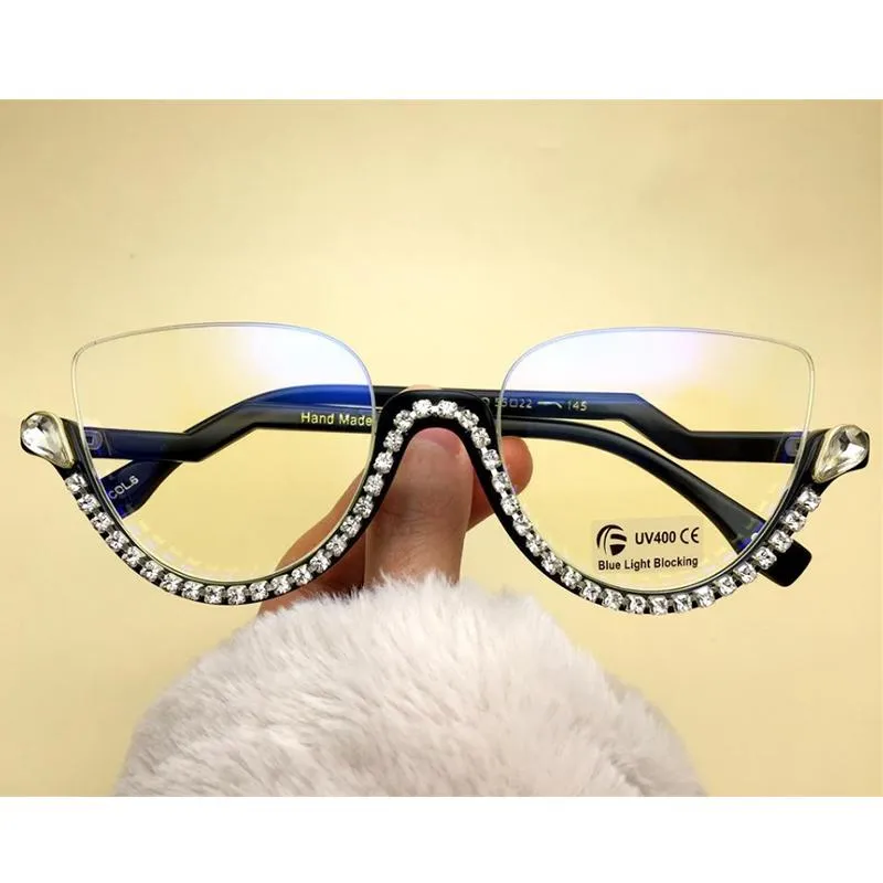 Sonnenbrille klare Diamantkatze Augenlesen Brille Frauen Mode Anti Blue Light Halbrahmen Strass -Luxusdesigner Brillen 3S256V