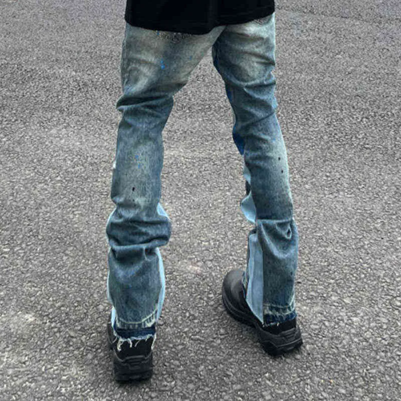 High Street Retro Ink Splash Patchwork Zerrissene Jeans Flare Hosen Männer und Frauen Gerade Casual Übergroße Lose Denim Hosen T220803