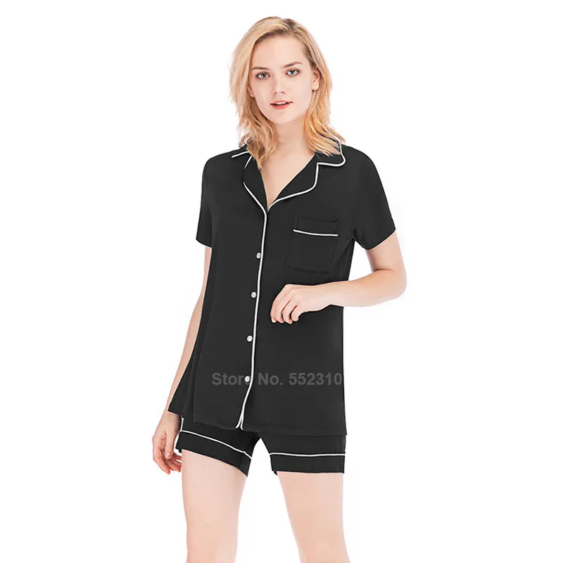 Modal Cotton Soft Sleepwear Set for Women Notch Collar Palm Leaf Pure Color Short Long Sleeve Single Breasted Lounge Pajamas PJs 220329