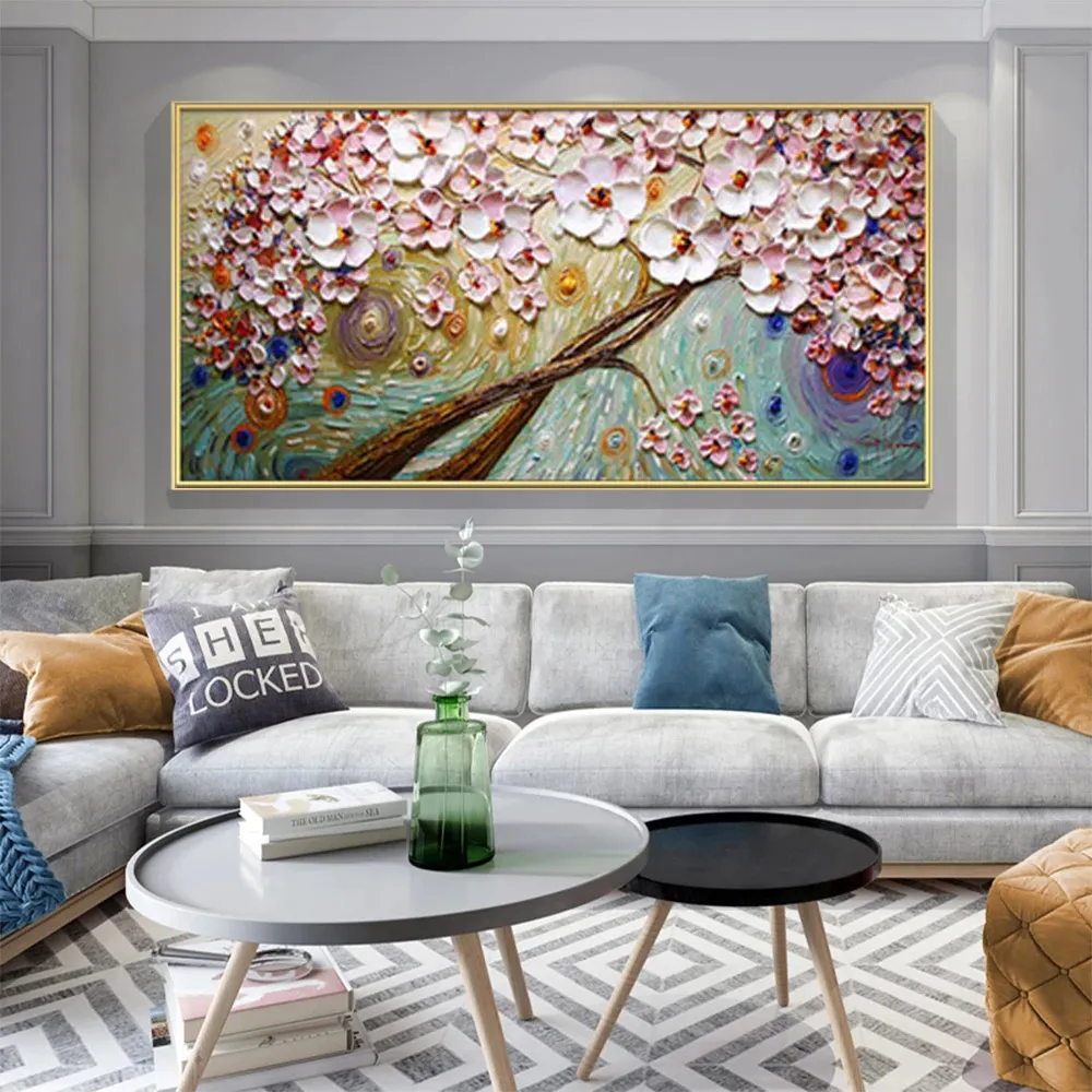Pintura al óleo impresa sobre lienzo, pintura abstracta de paisaje de árbol y flor roja salvaje, impresiones modernas, póster, arte de pared, decoración del hogar