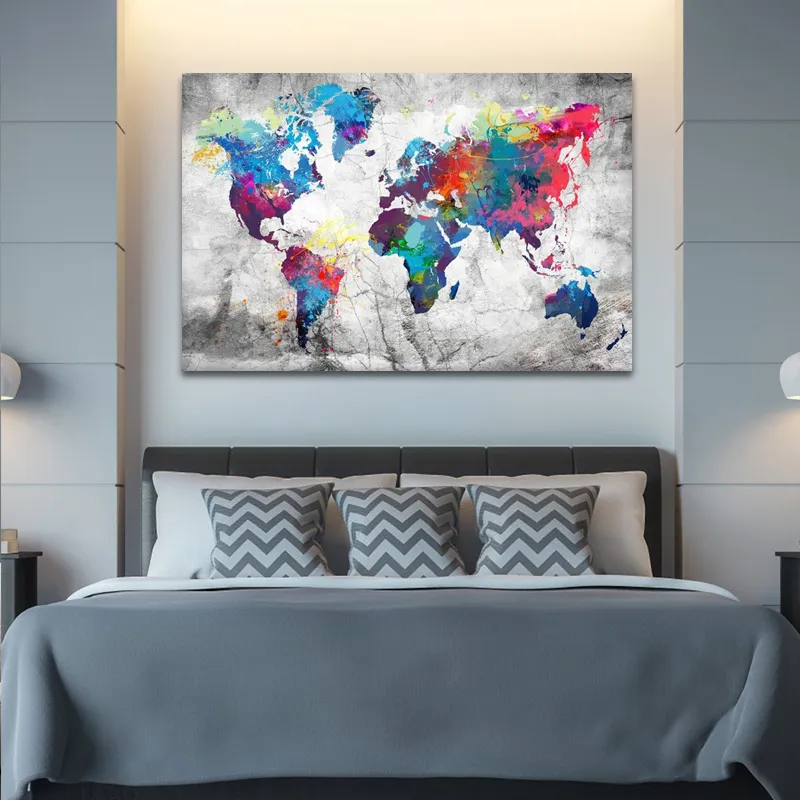 Colorful World Map Canvas Painting Map Poster Print Wall Pictures for Living Room Modern Interior Decoration Paintings Unframed