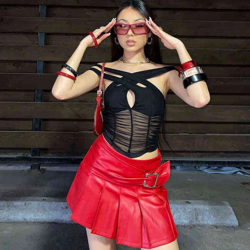 Insdoit Faux Deri Gotik Kırmızı Pileli Etek Harajuku Punk Streetwear Yüksek Bel Etek Kadın Aesthetic E Kız Y2K Mini Etekler G220414