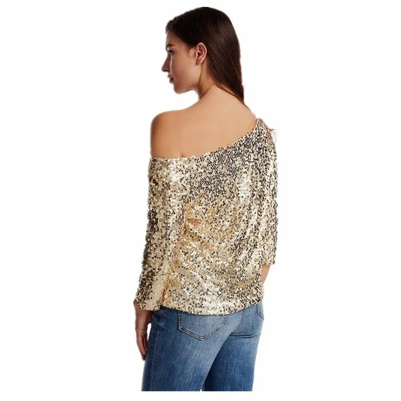 Kvinnor Sparkle Sequins Off Shoulder Tank Top Blus Klassisk Trendig Casual Glittery Loose Costume Cocktail Party T-shirt 220328