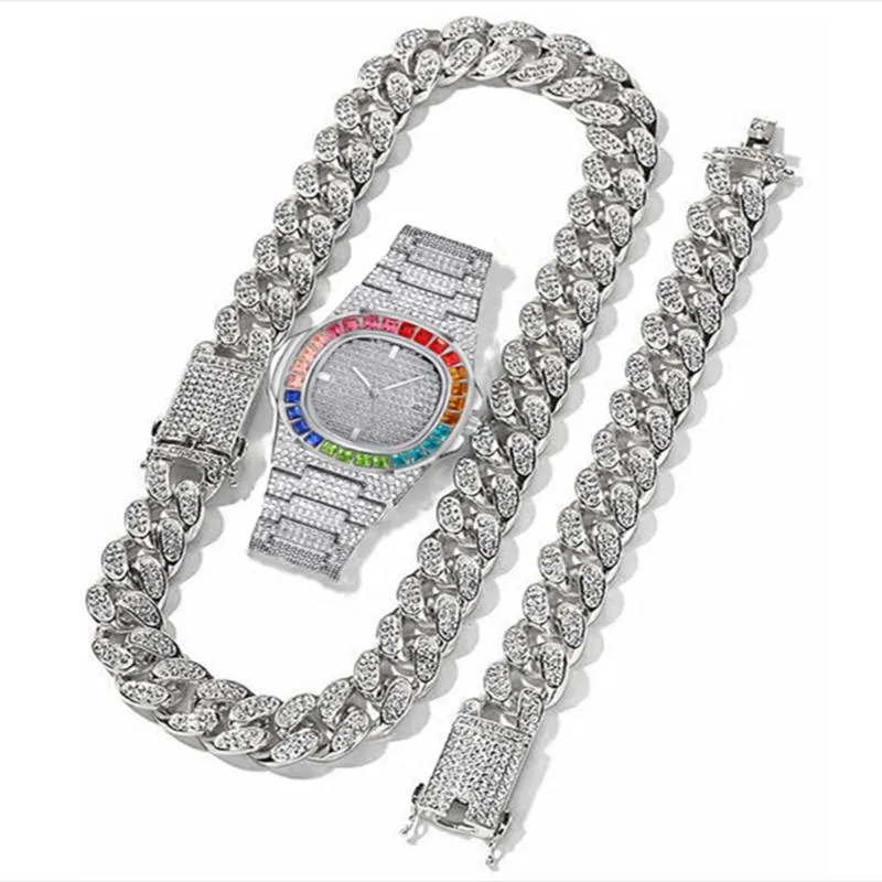 Catene Collana Orologio Bracciale Miami Catena a maglie cubane Grande oro ghiacciato Strass Bling Cubana Uomo Gioielli Hip Hop Girocollo Watche215Q