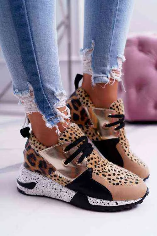 2020 Mujeres Nuevas zapatos casuales Breatables Damas de las zapatillas de deporte de leopardo Faux Sneakers Lace-up Plataforma Sports Shops G2206291132418