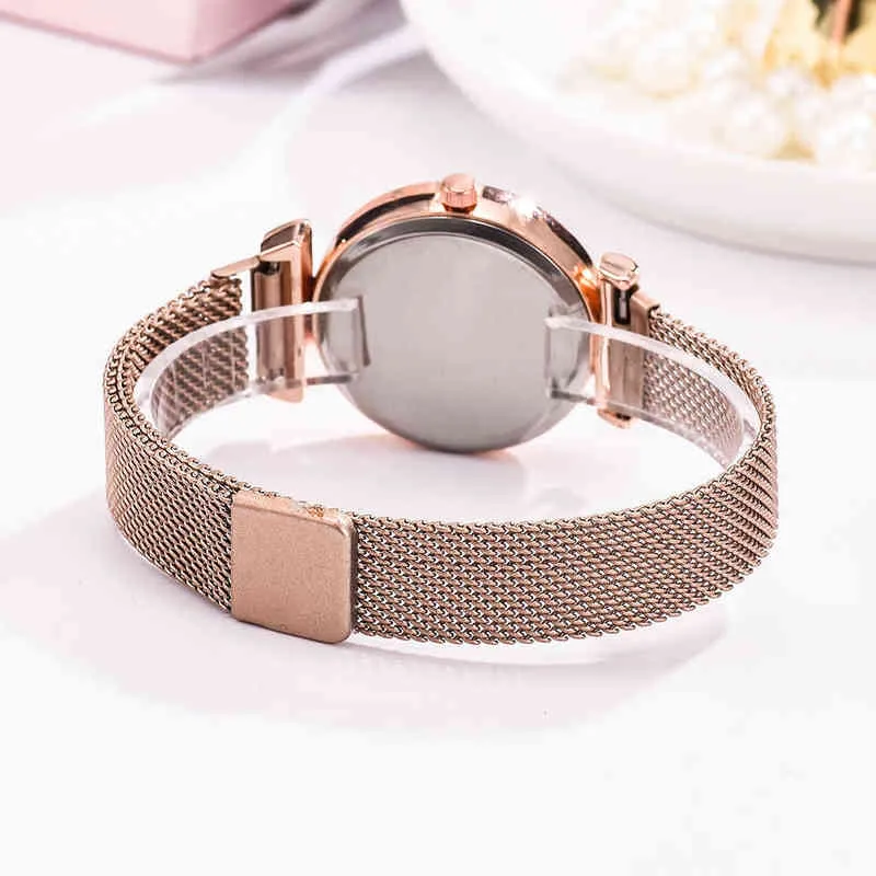 Luxury Women's Es Set Elegant Female Arms Magnetic Mesh Band Rose Woman Armband Montre Femme Reloj Mujer Y220707