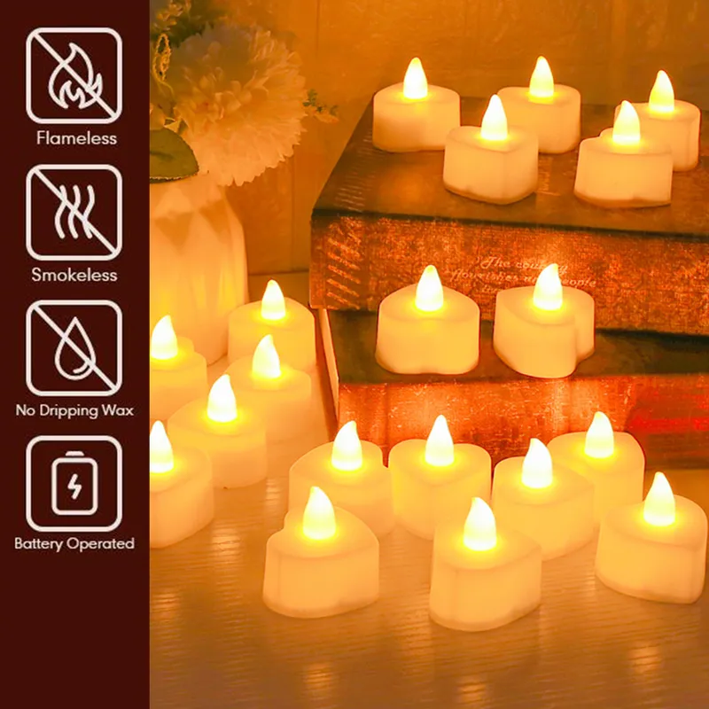 24 st Heart -formad simulering LED Mini Electronic Candle Valentine's Day Colorful Flameless Wedding Home Night Light Party Decor 220527