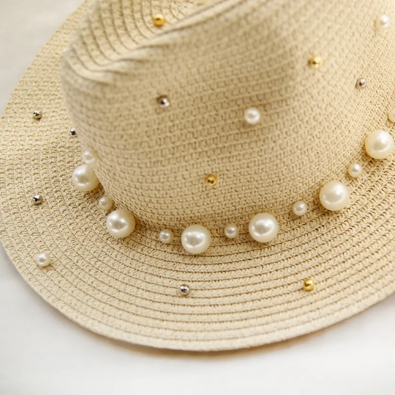 Summer Straw Sun Hat Pearl Visor Trilby Jazz Women Chapeau Femme Male Fedora Elope Beach Sun Panama Hat 220513