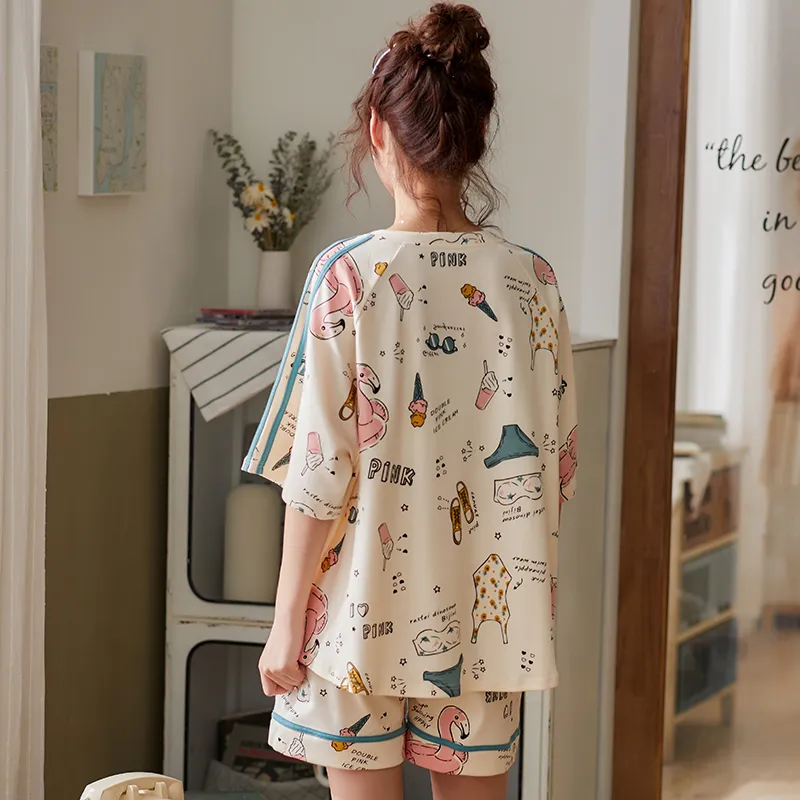 Bzel Simple Sleepwear Pyjamas Womens Pyjamas Cotton Short Sleeve Ladies Pijama Set Homewear Cute Cartoon Lounge Wear Tshits 220527