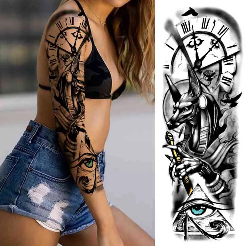 NXY Tijdelijke Tattoo Black Warrior voor Vrouwen Mannen Volwassen Tribal Dier Fake Lion S Sticker Compass Clock Volledige Mouw Tatoos Arm 0330